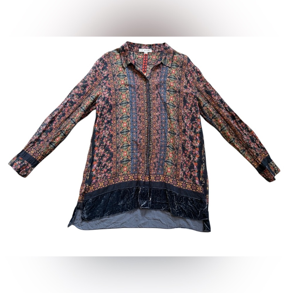Johnny Was 3J Workshop Button Up Silk Floral Western w/Velvet Ruffle Size Medium